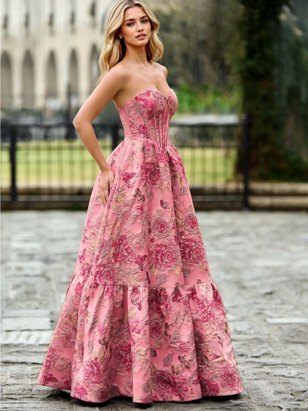 NWT Sherri Hill 57515 Inspired Pink Brocade Ball Gown w/ Pockets - Picture 9 of 10